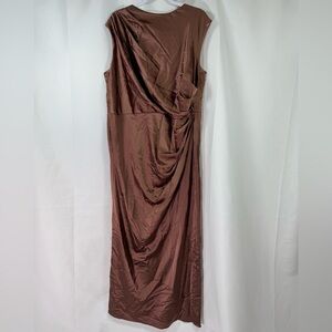 After Six Hannah High Neck Sleeveless Cap Shoulder Satin Maxi Dress Cognac 1X